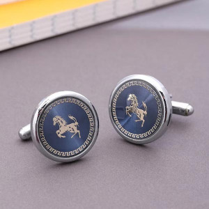 Navy Blue & Silver-Toned Round Cufflinks