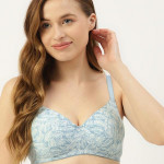 Blue & White Floral Print Wirefree Lightly Padded Full Coverage Push-Up Bra